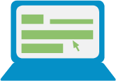 An icon of a light blue computer with light green text bars and an arrow on the computer screen. 