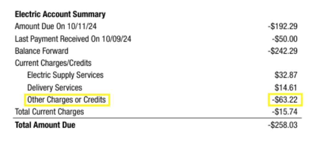 Electric bill detail showing solar energy credit.